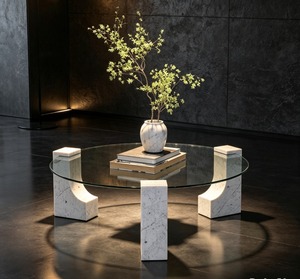 Table basse moderne en marbre avec plateau en verre trempé, design minimaliste, meubles de salon - Product Image 1