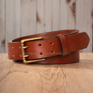 Cinturón de Cuero Genuino Color Cognac Marrón Personalizado al por Mayor para Hombre con Hebilla de Doble Punta de Aleación Dorada Antigua, Estilo Casual Vintage Occidental - Product Image 3