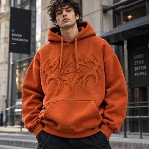 <b>Men's</b> <b>Orange</b> Oversized Embossed Hoodie Streetwear Pullover <b>Sweatshirt</b> Front Logo Design Wholesale Apparel - Product Image 6