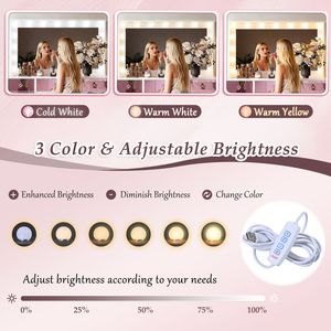 Tavolo da Trucco da 11 Pollici con Piano in Vetro e 15 Luci Stile Hollywood, 3 Modalità di Illuminazione e Luminosità Regolabile - Product Image 3