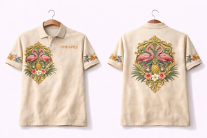 Men’s <b>Tropical</b> Flamingo Polo <b>Shirt</b> – Vintage Pineapple Crest Casual Polo Tee - Product Image 5