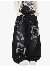 Jean en denim déchiré taille haute coupe large style punk décontracté en coton pour homme – Collection automne - Product Image 5