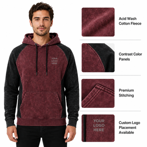 Sweat-shirt à capuche pour homme à manches raglan, couleur unie, poche avant avec logo, décontracté, en molleton de coton French Terry lavé 400GSM - Product Image 3