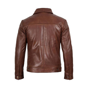 Veste de motard en cuir véritable marron pour homme avec fermeture éclair, col rabattu, coupe classique, pour l'automne - Product Image 2