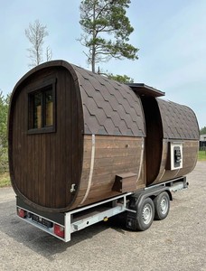 Sauna Móvil Montada <span class=keywords><strong>en</strong></span> Remolque, Sauna de Barril de Madera Oscura Resistente a la Intemperie con Chimenea y Escalera para Glamping y Eventos - Product Image 2