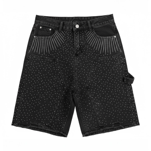 Shorts cargo en jean noir pour homme, taille mi-haute, déchirés, effet vieilli, décorés de strass, style vintage, respirants, coupe-vent, écologiques, décontractés - Product Image 1
