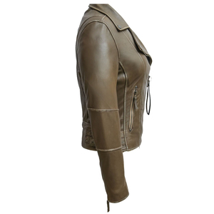 Women's Tan PU Leather Button Moto <b>Jacket</b> Full Sleeve Stand Collar Zipper Closure Solid Color Biker Style Cotton Filled All - Product Image 3