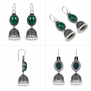 Oxidized <b>Silver</b> Monalisa Stone Chandelier <b>Earrings</b> | Imitation Pearl Vintage Ethnic Brass <b>Earrings</b> for Women | Handmade Indian - Product Image 4