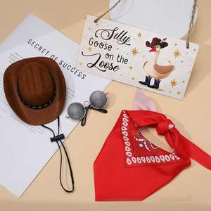 4 Pcs Western Porch Outfits for 23"/ 17'' Lawn Cement Goose Statue Clothes Cowboy Hat With Bandana <b>Scarf</b> - Product Image 3