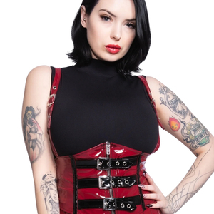 Vestido ajustado sin mangas de cuero sintético rojo con cuello alto y detalle de corsé negro, ropa de club para adultos - Product Image 5