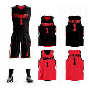 Camiseta de Baloncesto Reversible Personalizada con Nombre y Número, Ropa Deportiva de Equipo, Diseño Moderno en Negro y Rojo, Sublimación en Poliéster - Product Image 1
