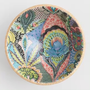 Bol en bois artisanal minimaliste avec motif aquarelle bleu, style oriental, pour servir les aliments et décorer la maison - Product Image 2