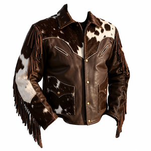 Western Cowhide <b>Leather</b> Fringe <b>Long</b> <b>Jacket</b> Unisex Vintage Brown Animal Print Turn-down Collar Regular Fit Winter Front Style - Product Image 3