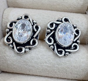 Handmade 925 Sterling <b>Silver</b> Oval Cubic Zirconia <b>Stud</b> Earrings Vintage Beaded Style Fine Jewelry Wholesale - Product Image 2