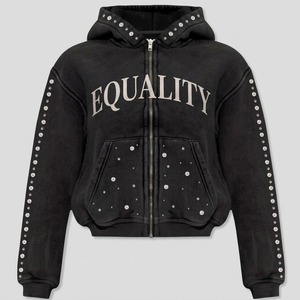 Sweat à capuche unisexe élégant en polaire délavée avec fermeture éclair, manches ornées de strass et imprimé égalité, style streetwear décontracté, coupe courte - Product Image 1