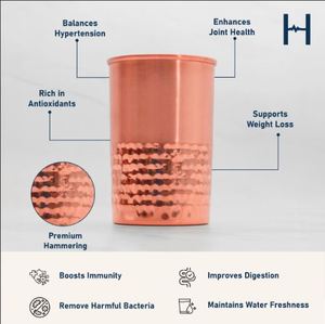 Pure Copper Double Wall Eco-Friendly Vintage Hammered Glass Lacquered Tumbler <b>Straw</b> Handle for Shine Protection Traditional Look - Product Image 3