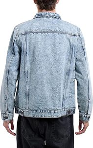 <b>Men's</b> Light Blue Denim <b>Jacket</b> Casual Washed Cotton Loose Fit Turn-down Collar Single Breasted Regular Sleeve - Product Image 2