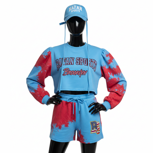 Conjunto de Sudadera Corta y Pantalones Cortos de Felpa de Alta Calidad 100% Algodón para Mujer, Panel Rojo de Algodón y Poliéster Suave, Logotipo Personalizado, Conjuntos para Mujer - Product Image 1