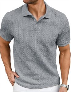 Camisa Polo Casual de Punto Texturizado para Hombre, Camisa de Golf Elástica de Manga Corta, Camisas con Cuello para Hombre para Vacaciones de Verano en la Playa - Product Image 4