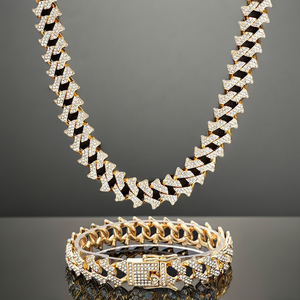 Ensemble de chaîne et bracelet à maillons cubains deux tons glacés pour hommes Bijoux Hip Hop Bling Diamond Miami Cuban Necklace Wholesale - Product Image 1