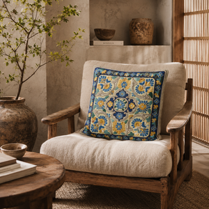 Premium Square Hand Embroidered Cushion <b>Cover</b> Floral Pattern Cotton Linen Vintage Style Blue & Yellow Home Hotel Cafe Decor - Product Image 4
