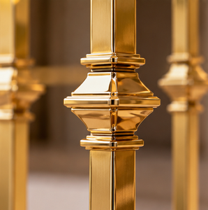 Balustrade d'escalier dorée de style régale avec colliers géométriques et meneaux carrés fins pour grands intérieurs - Product Image 3