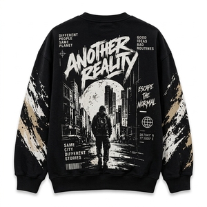 Black Graphic <b>Sweatshirt</b> with DTF Printed Sleeves Streetwear <b>Crewneck</b> Pullover for <b>Men</b> in wholesale price for <b>men</b> - Product Image 2