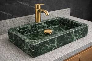 Lavabo de salle de bain moderne haut de gamme en marbre vert avec bord cannelé décoratif et drain intégré - Product Image 2