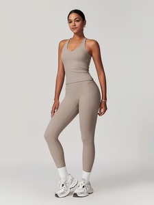 Two Piece Summer Lightweight Fitness Outfit V-neck Crop Tank <b>Top</b> Soft Naked Feel <b>Compression</b> Running Tights Activewear - Product Image 4