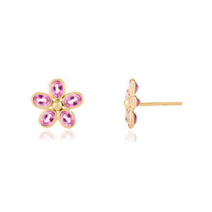 14K Gold Floral Stud <b>Earrings</b> with Pear Cut Diamond and Pink Sapphire - Product Image 4