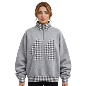 <b>Women</b> Oversized Quarter Zip <b>Sweatshirt</b> Plaid Collar Number 44 Graphic <b>Black</b> Knitted Fleece Autumn Style - Product Image 6
