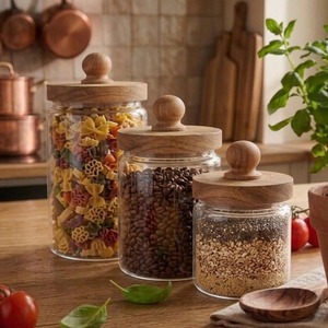 Set Of 3 Glass Containers With Wooden Lid Airtight Kitchen Storage <b>Jars</b> For Tea Coffee Sugar Stylish Counter Organizer - Product Image 5