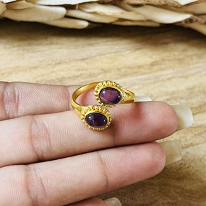Unique Design Vintage 18k Gold Plated Brass Amethyst <b>Ring</b> Double Stone Ethnic <b>Open</b> Tribal Statement Boho Women Wholesale <b>Ring</b> - Product Image 3