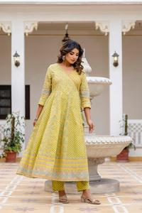 Premium Yellow 60x60 Cotton Angrakha Anarkali Suit Set with Printed <b>Kurta</b> Pants and Elegant Dupatta for <b>Women</b> - Product Image 3