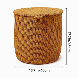 Panier de rangement en jonc de mer tressé à la main avec couvercle |   Organisateur de vêtements et de salle de bain en tissu naturel biodégradable et écologique - Product Image 2