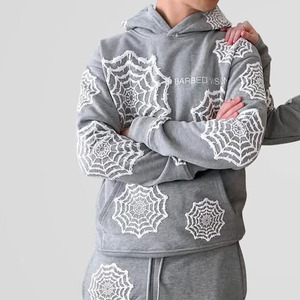 Conjunto Deportivo Unisex con Estampado de Telaraña Gris, Sudadera con Capucha de Manga Larga y Pantalones, Ropa Casual de Otoño con Cierre de Cordón - Product Image 4