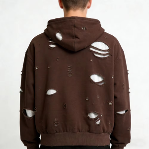 Sweat à capuche gaufré double couche pour homme, en coton déchiré, délavé à l'acide, avec fermeture éclair et effet vieilli, style streetwear - Product Image 2