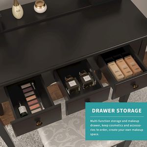 "Black Glass Vanity <b>Makeup</b> Table with Lighted <b>Mirror</b> & 5 Drawers/ Stool" - Product Image 6