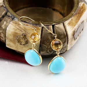 Nouvelle Arrivée Boucles d'Oreilles Pendantes Classiques pour Femme en Or Jaune Massif 18 carats avec Pierres Précieuses Turquoise et Citrine, Faites à la Main, Bijoux de Mariage, Cadeau de Fête - Product Image 4