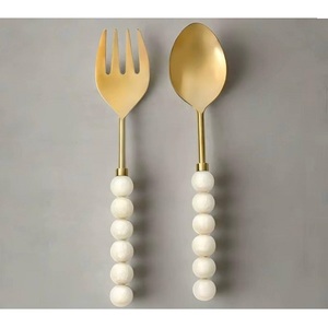 Modern Design Stainless Steel <b>Salad</b> <b>Server</b> With Resin Beaded Handle Long Handle <b>Salad</b> Spoon Set Kitchenware Serving Spoon Fork - Product Image 3