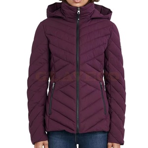 Women's <b>Purple</b> Quilted Jacket With Hood Full Sleeve Zipper Closure Solid Color Winter Wear - Product Image 1