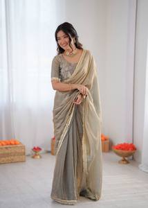 Satrani Women's Shimmer Tissue <b>Gota</b> Lace Ready To Wear Saree with Unstitched Blouse Piece - Product Image 3