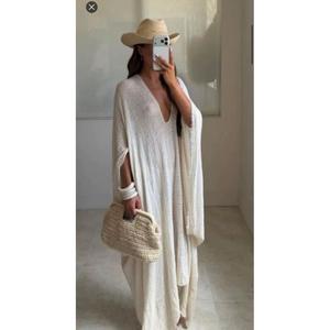 Amorzinho <b>White</b> Knitted Cotton <b>Maxi</b> Dress Deep V Neck 3/4 Sleeve Boho Regular Fit Spring Autumn Winter Casual Breathable Tie-Dye - Product Image 1
