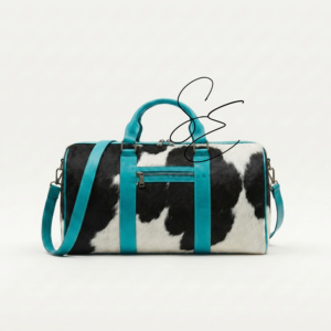 Western Cowhide Leather Duffel Bag Turquoise Large Weekender Bag with Crossbody <b>Strap</b> Hair On Leather Travel Bag for Men & Women - Product Image 4