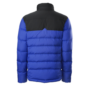 Men's Blue Black Color Blocking Varsity Jacket <b>Stand</b> Collar Zipper Closure Eco-friendly Windproof Casual Winter Wear Front - Product Image 2