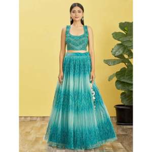 Robe de soirée bleue en organza avec travail de miroir, Lehenga Choli pour les mariages - Product Image 5