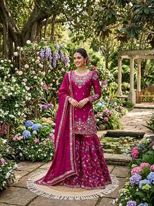 Indian Designer JMC Silk Anarkali Set with Heavy Embroidery Sharara Export Quality Women's <b>Clothing</b> - Product Image 5