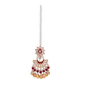 Kundan ชุบทองชาติพันธุ์ Tikka กับลูกปัดสีชมพูเครื่องประดับหน้าผากทำด้วยมือสำหรับงานแต่งงานของผู้หญิง - Product Image 3