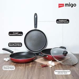 Ensemble de 4 ustensiles de cuisine antiadhésifs en aluminium revêtu, comprenant une poêle Tawa, une poêle à frire, une casserole Kadai avec couvercle en verre, garantie 1 an, multicolore - Product Image 2