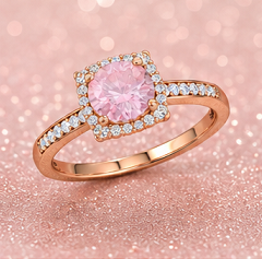 925 Sterling Silver Rhodium Plated <b>Pink</b> Morganite CZ Halo Engagement Wedding Ring with Cubic Zirconia Accents Trendy Women - Product Image 2